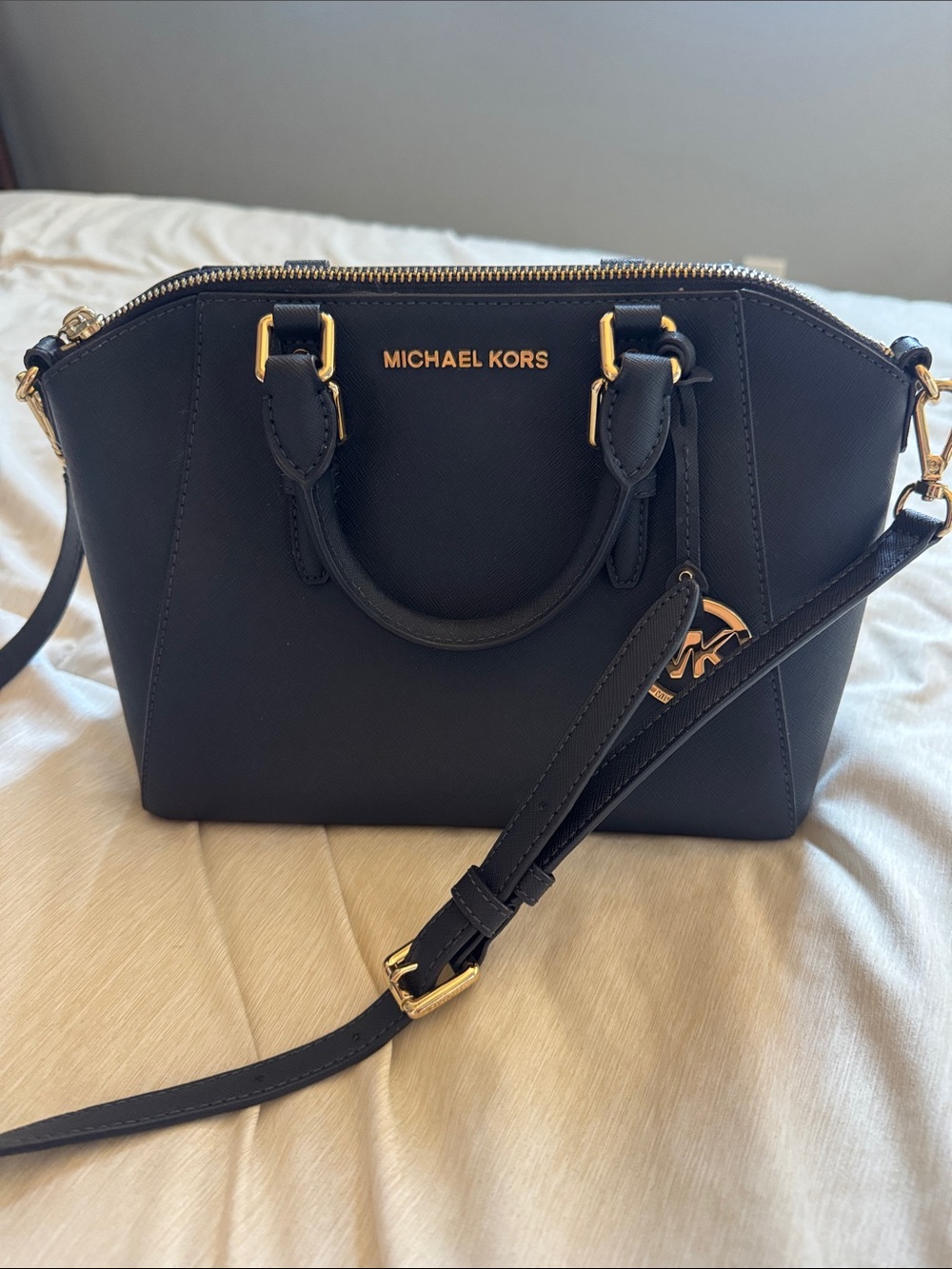 Michael Kors Navy Blue Saffiano Crossbody Satchel with Gold Hardware